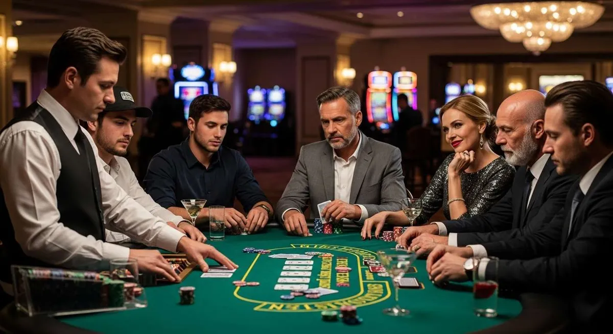 Instant Casino Persone giocano a poker con carte e fiches al tavolo del casinò